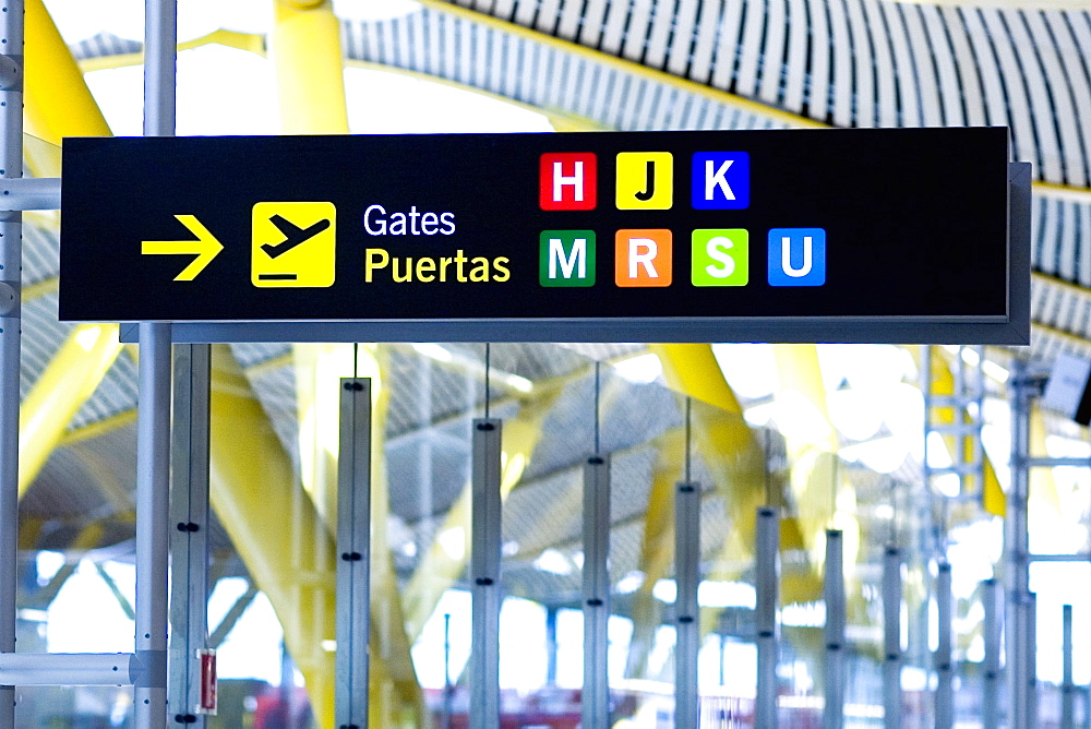 Close-up of information board at an airport, Madrid, Spain