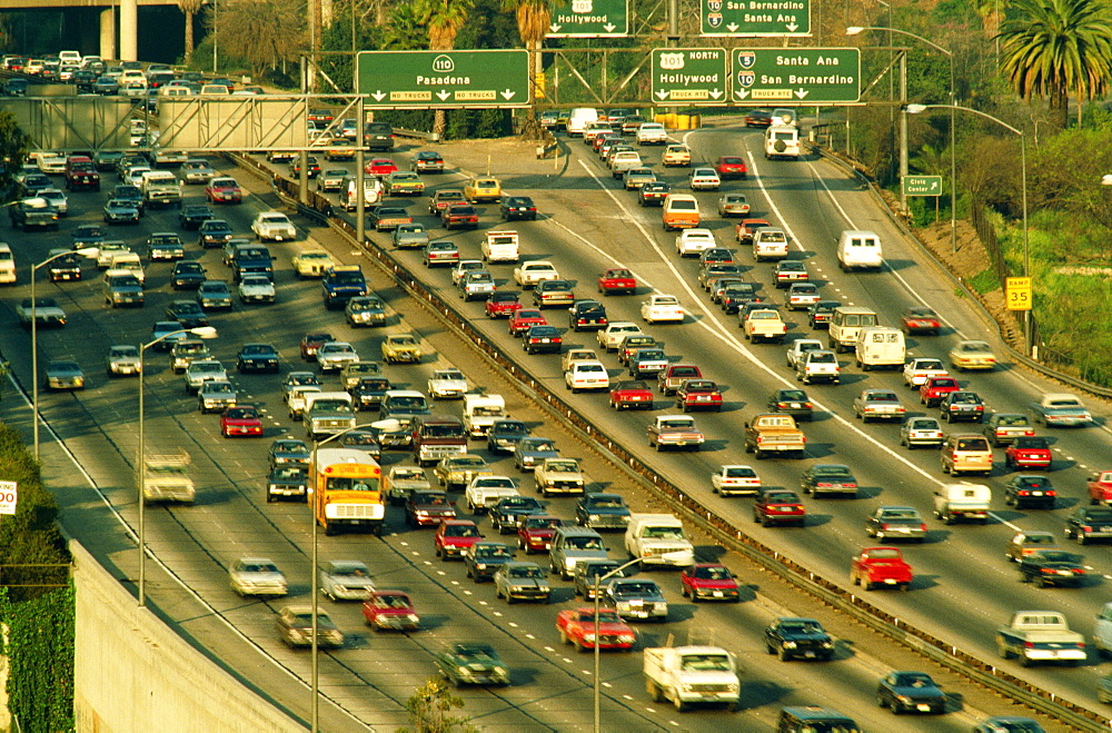 Overhead of heavy traffic on freeway.( Los Angeles, CA)