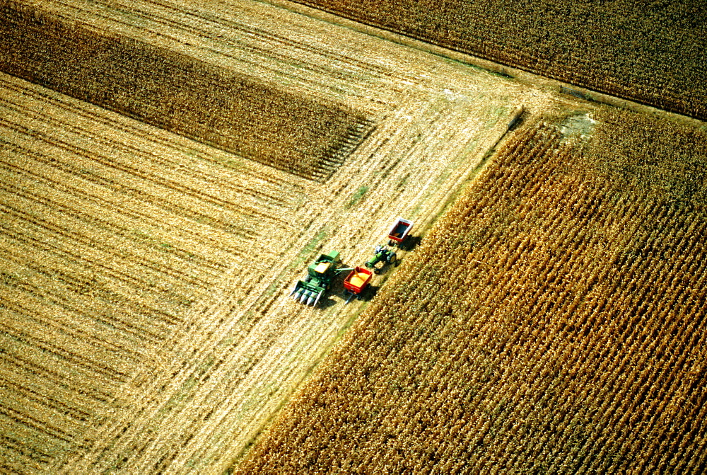 Aerial view of combine harvesting corn, Clinton county, OH