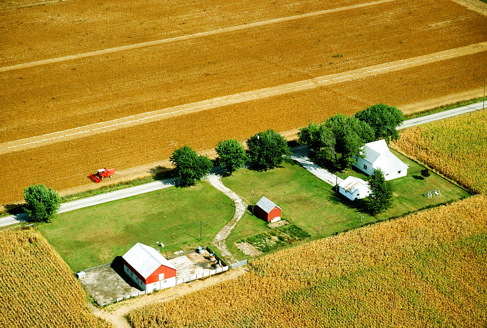 Aerial view of farms at harvest time in Clinton county , OH