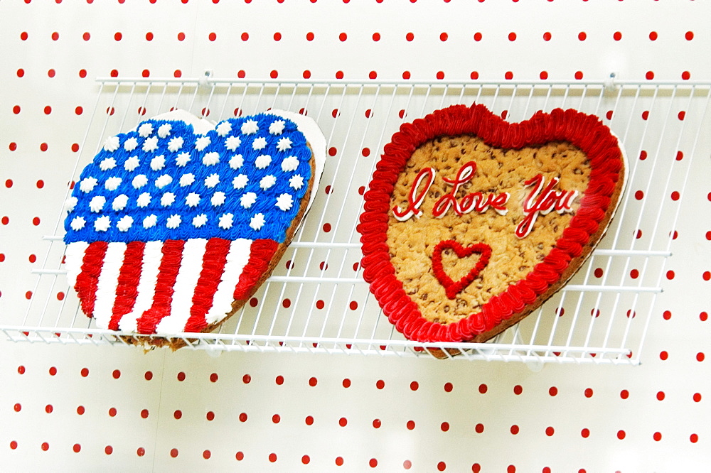 Low angle view of heart shaped cookie cakes