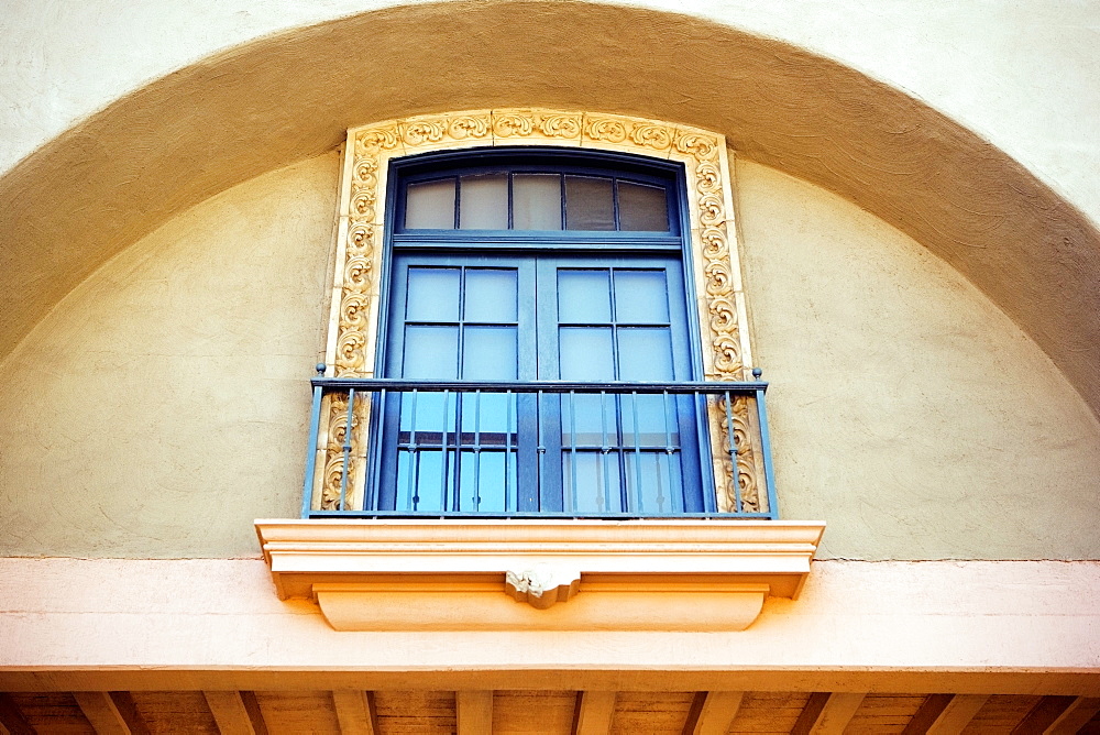 Low angle view of a balcony on a stucco building, San Diego, California, USA