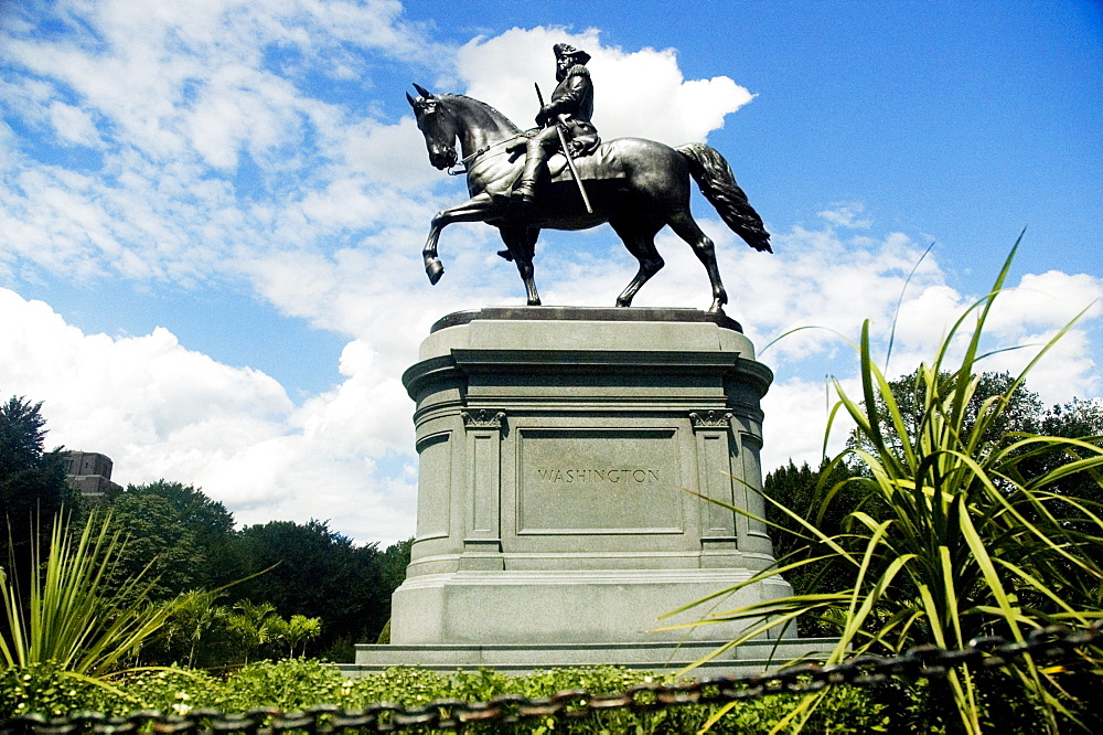 Low angle view of a statue in a garden, George Washington statue, Boston Public Garden, Boston, Massachusetts, USA