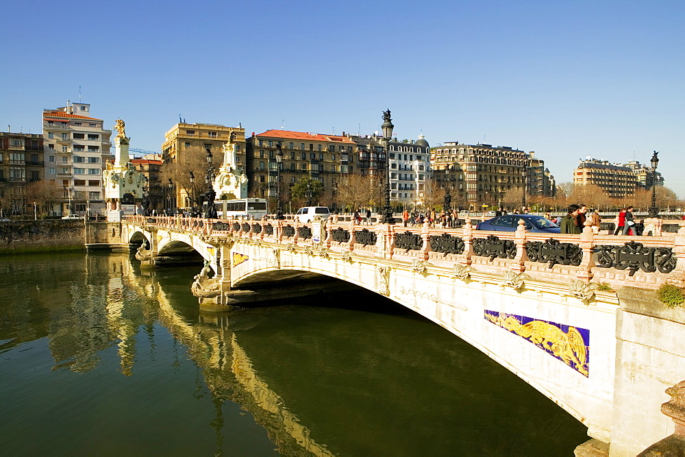 High angle view of an arch bridge over a river, Spain