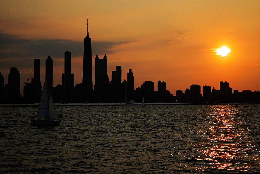 Buildings on a waterfront at sunset, Chicago, Illinois, USA