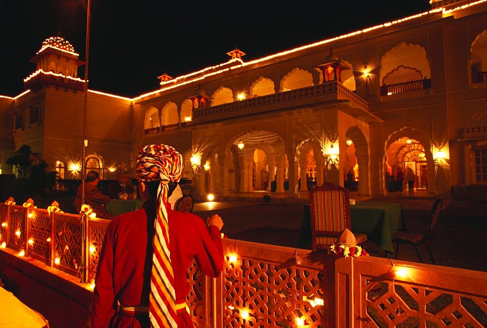 Palace lit up at night, Jai Mahal Palace Hotel, Jaipur, Rajasthan, India