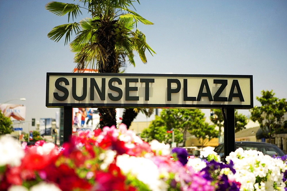 Sunset Plaza Sign erected in a flower bed, Los Angeles, California, USA