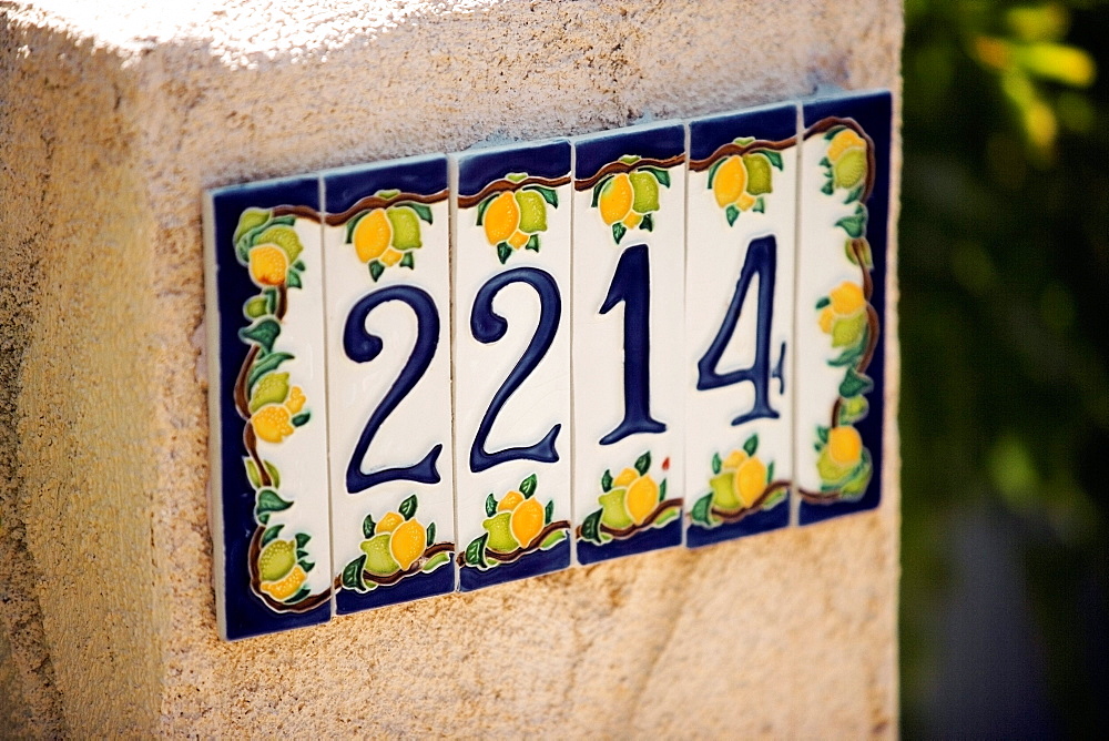 Close-up of an address on a wall, California, USA