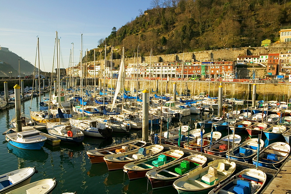 High angle view of boats docked at harbor in a marina, Spain