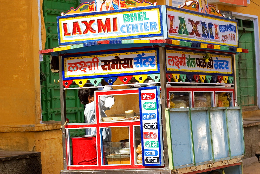 Side profile of a street vendor at a stall, Pushkar, Rajasthan, India