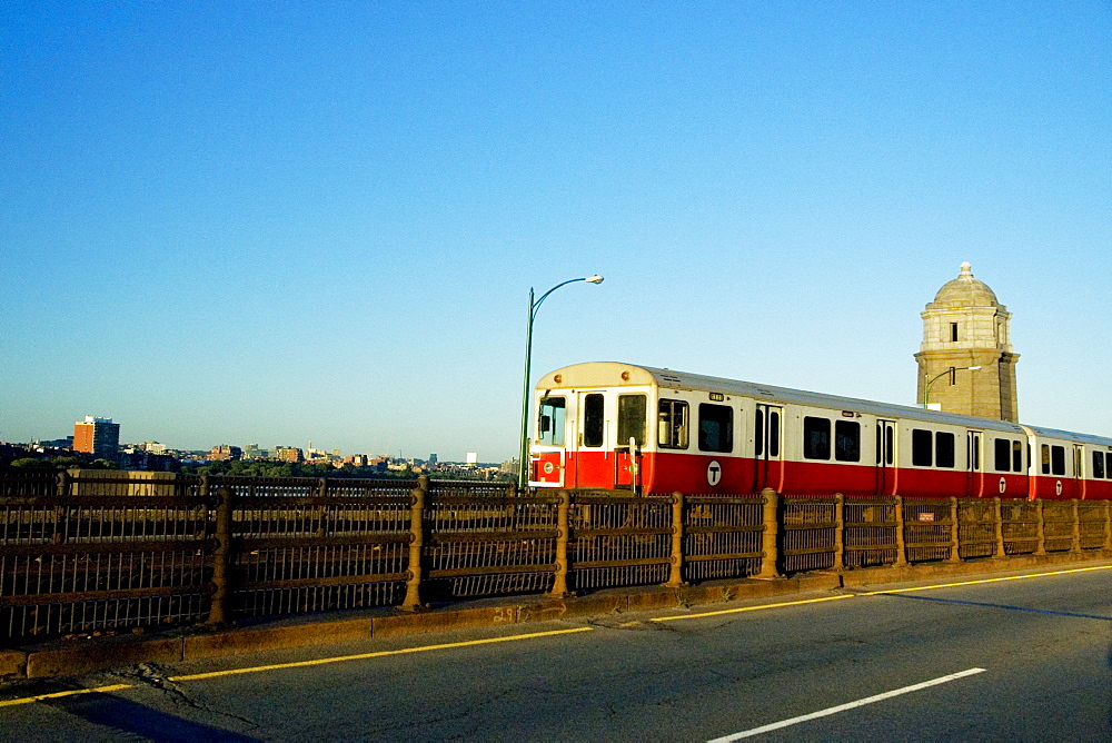 Train moving on tracks along a road, Longfellow Bridge, Boston, Massachusetts, USA