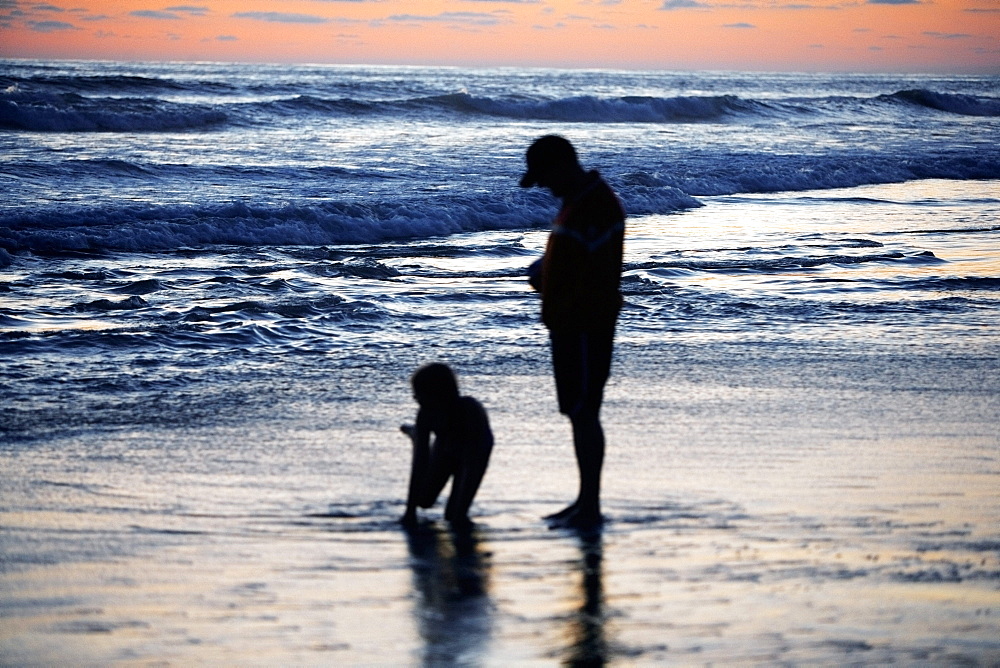 Father and his daughter playing in the water at the beach