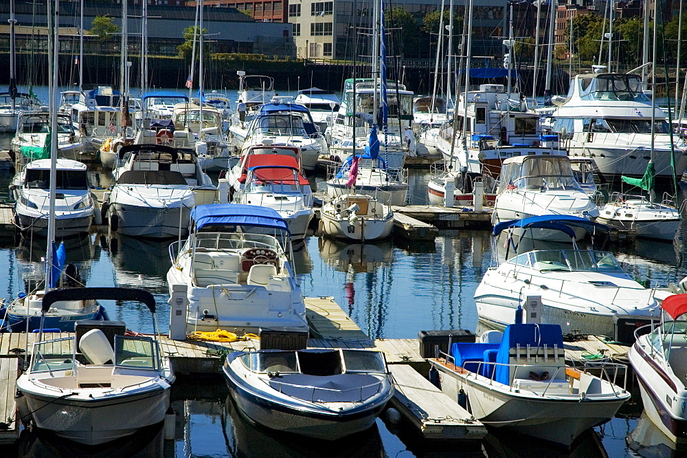 High angle view of boats docked at the harbor, Boston, Massachusetts, USA