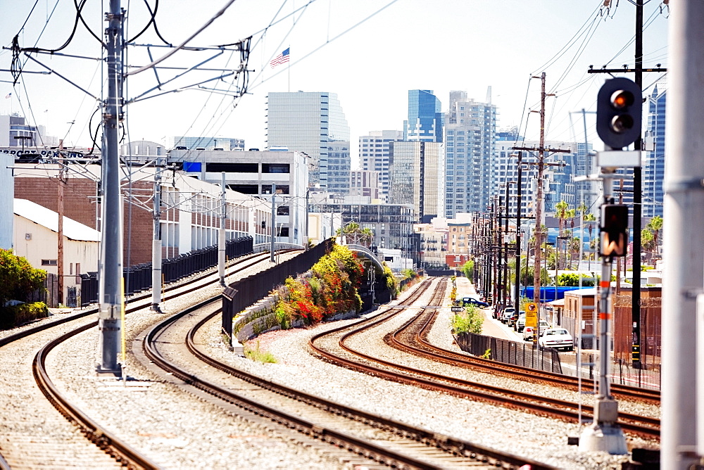 High angle view of railroad tracks, San Diego, California, USA