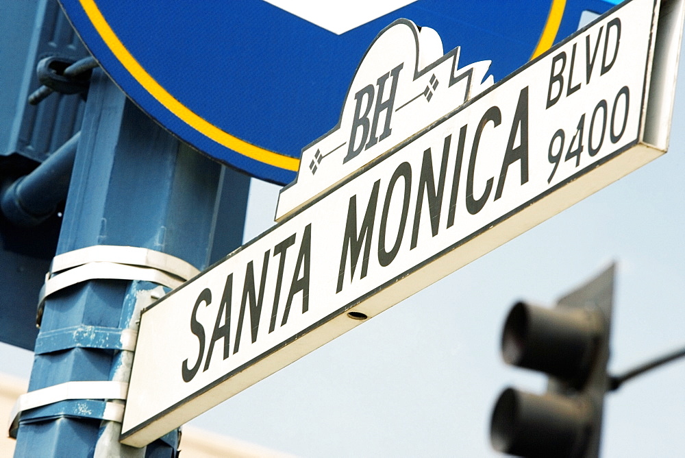 Low angle view of a Santa Monica Boulevard Sign, Los Angeles, California, USA