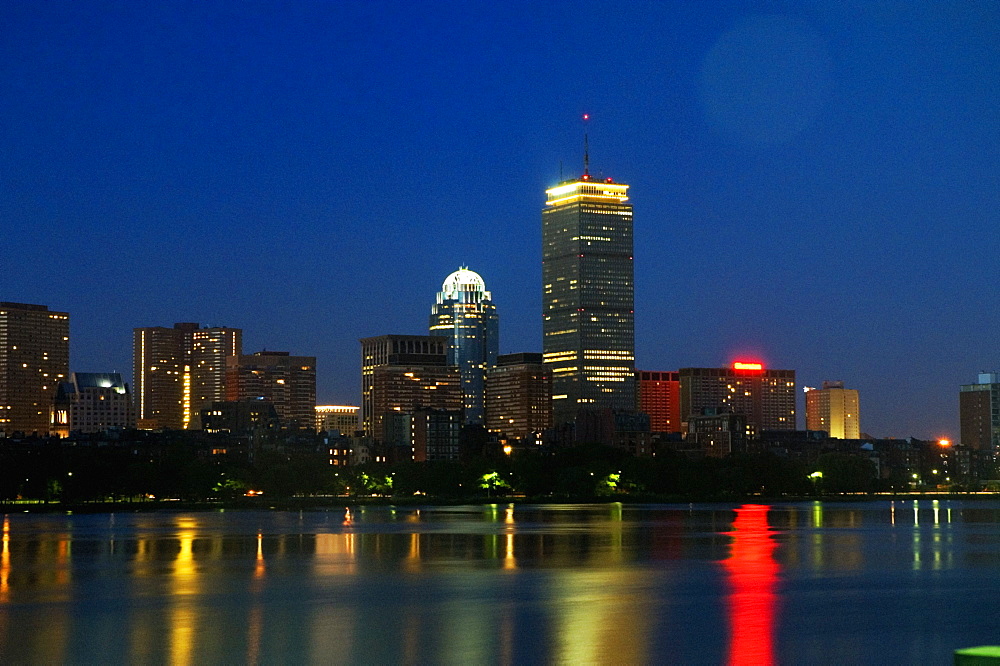 Buildings lit up at night, Charles River, Boston, Massachusetts, USA