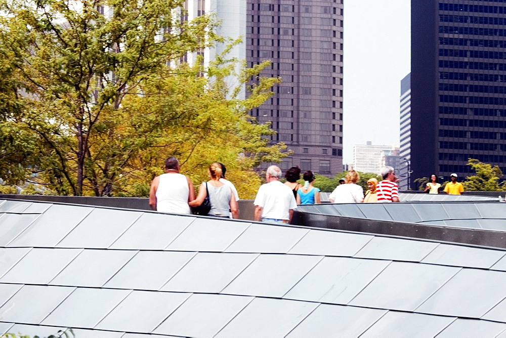 Large group of people walking on the bridge, BP bridge, Chicago, Illinois, USA