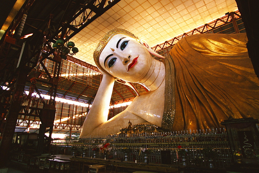 Low angle view of a Reclining Buddha in a pagoda, Chauk Htat Gyi Pagoda, Yangon, Myanmar