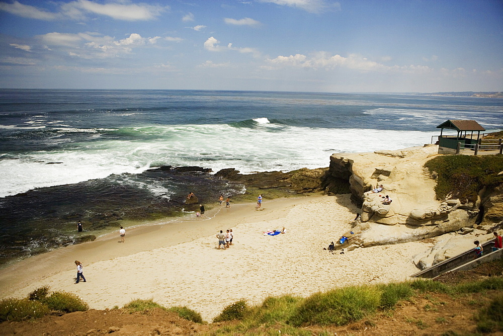 High angle view of people on the beach, La Jolla Reefs, San Diego, California, USA