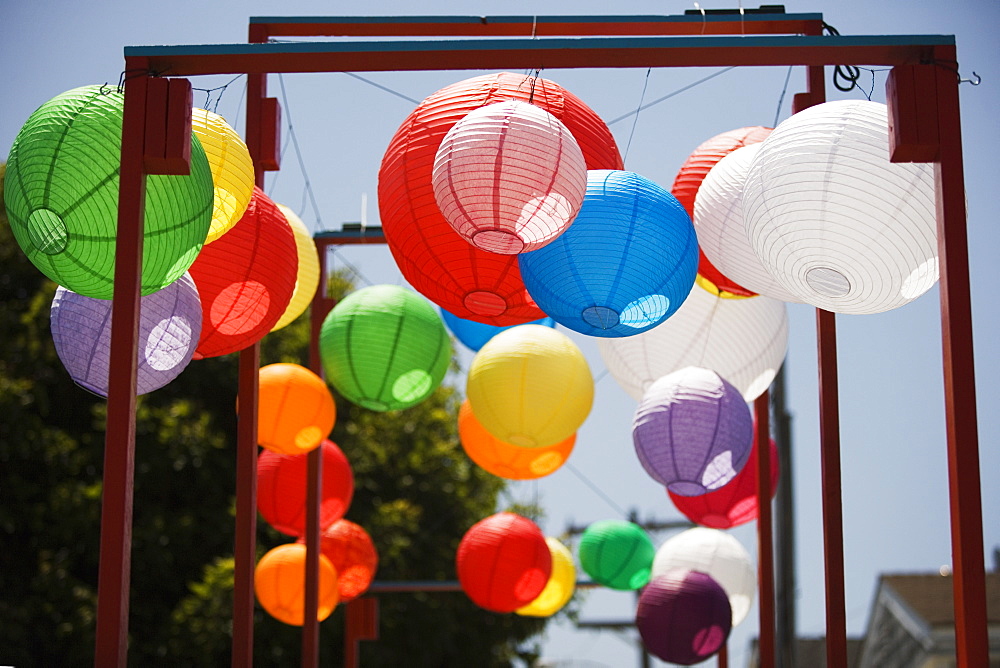 Low angle view of colorful Chinese lanterns