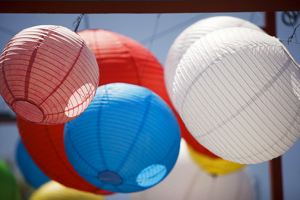 Low angle view of colorful Chinese lanterns