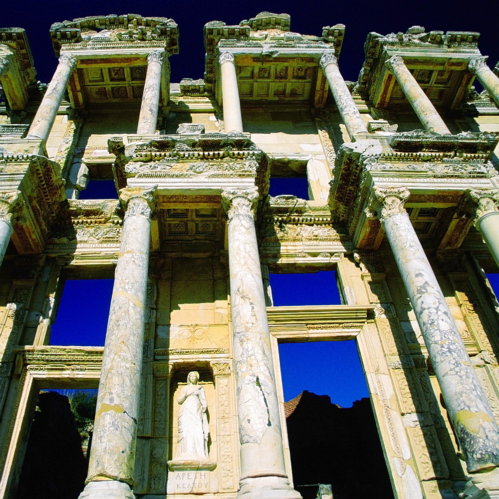 Low angle view of old ruins of a building, Celsus Library, Ephesus, Turkey