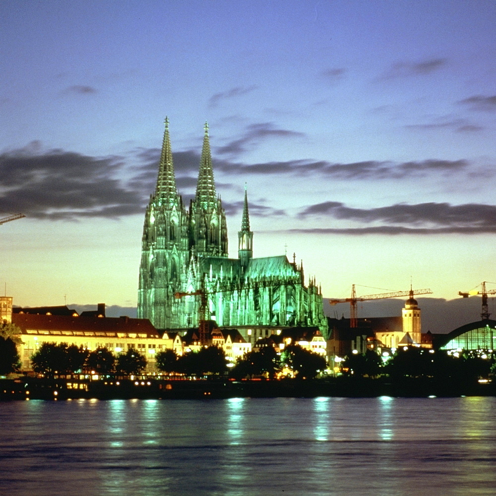 Cathedral lit up at dusk, Cologne Cathedral, Cologne, Germany