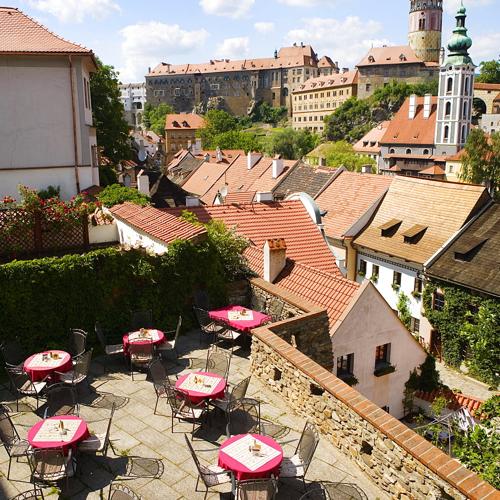 High angle view of table and chairs on the terrace of a building, Czech Republic