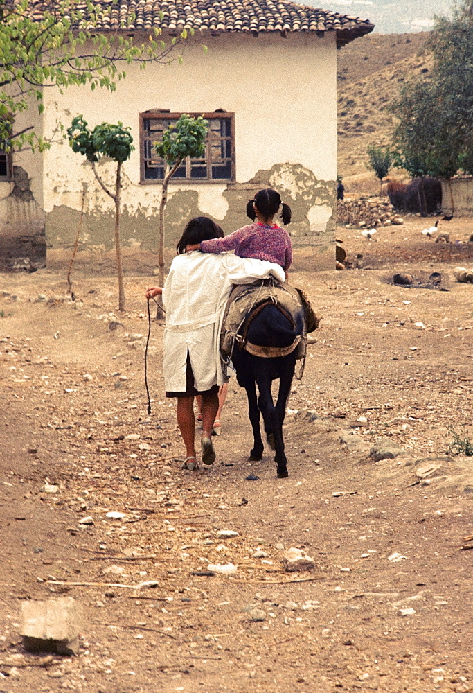 Rear view of a girl riding a donkey with her sister walking along her in a village, Turkey