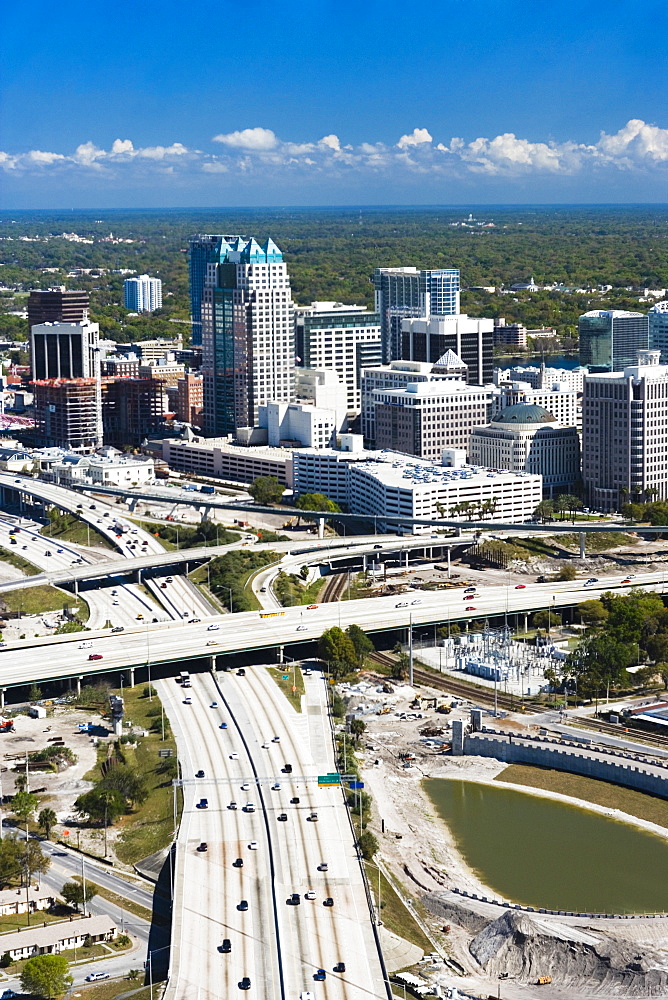 Aerial view of a multiple lane highway in a city, Interstate 4, Orlando, Florida, USA