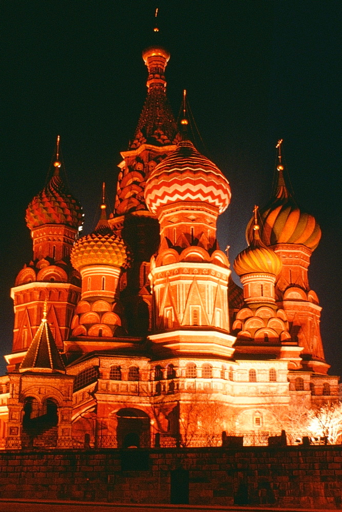 Low angle view of a cathedral lit up at night, St. Basil's Cathedral, Red Square, Moscow, Russia