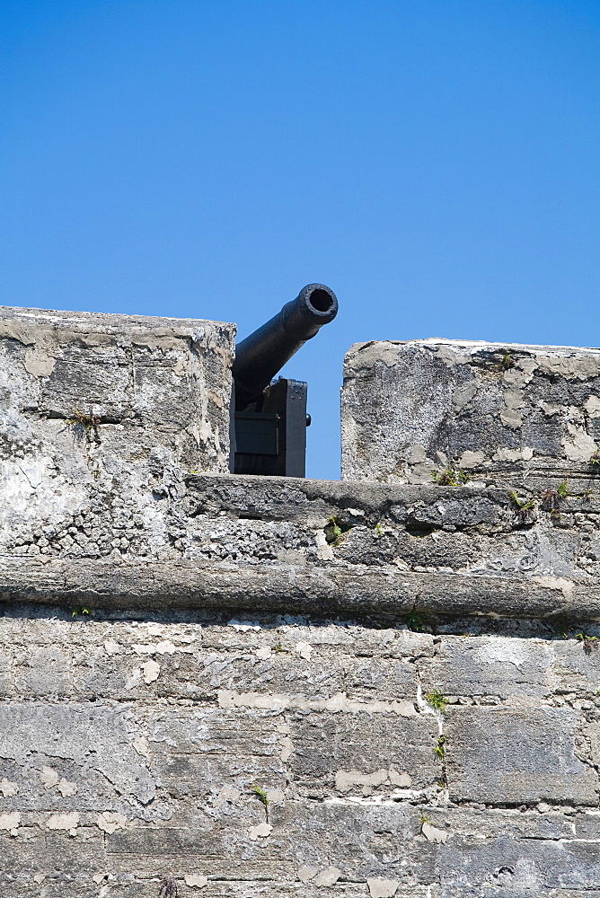 Low angle view of a cannon on top of a castle, Castillo De San Marcos National Monument, St Augustine, Florida, USA