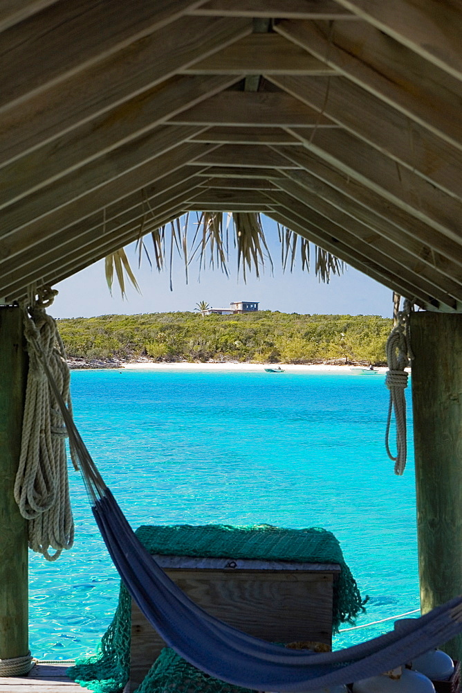 Close-up of a hammock tied to a pier, Exuma, Bahamas