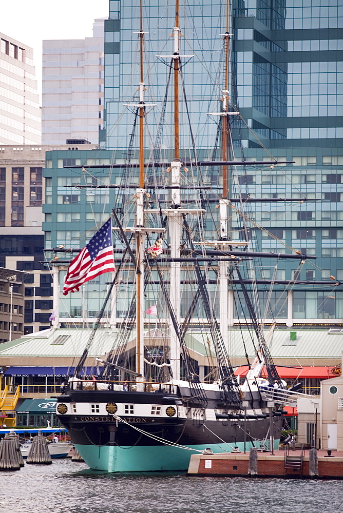 Tall ship moored at a harbor, USS Constellation, Inner Harbor, Baltimore, Maryland, USA