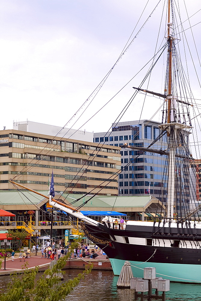 Tall ship moored at a harbor, USS Constellation, Inner Harbor, Baltimore, Maryland, USA