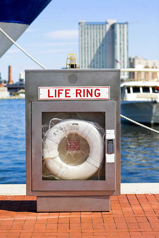 Life belt at a dock, Inner Harbor, Baltimore, Maryland, USA