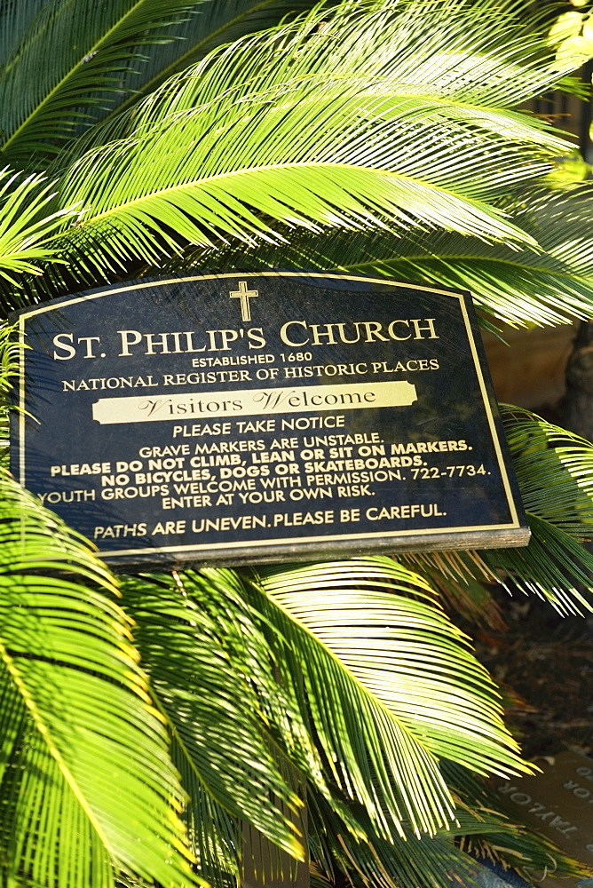 Close-up of an information board, St. Philips Church, Charleston, South Carolina, USA