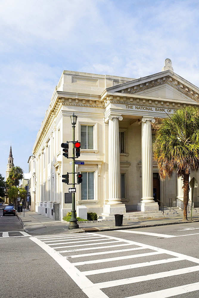 Palm tree in front of a bank, National Bank of South Carolina, Charleston, South Carolina, USA