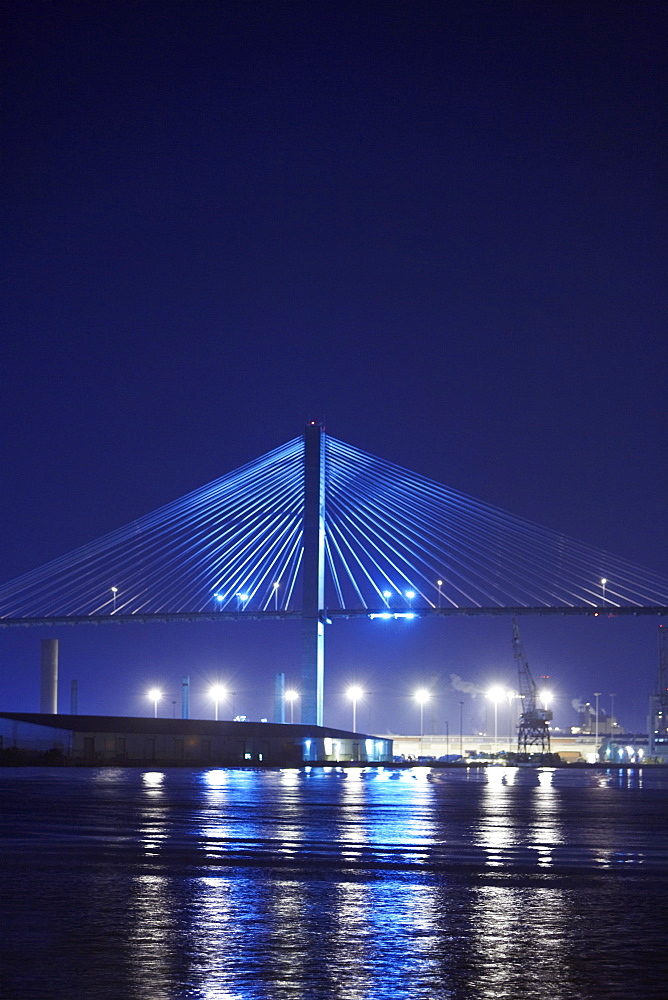 Suspension bridge lit up at night, Talmadge Bridge, Savannah River, Savannah, Georgia, USA