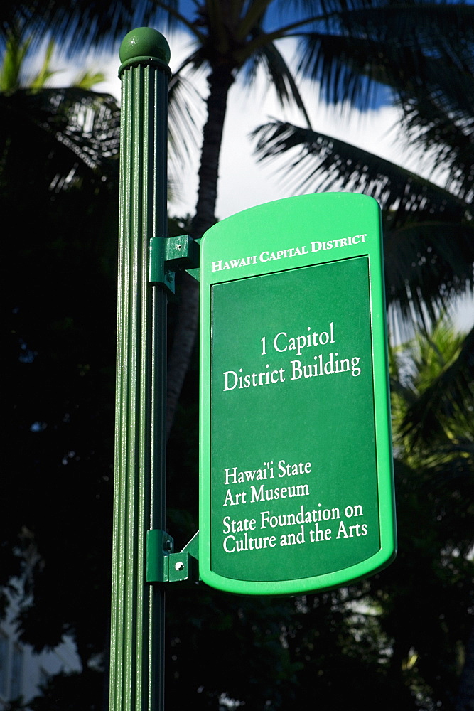 Low angle view of an information board, Honolulu, Oahu, Hawaii Islands, USA