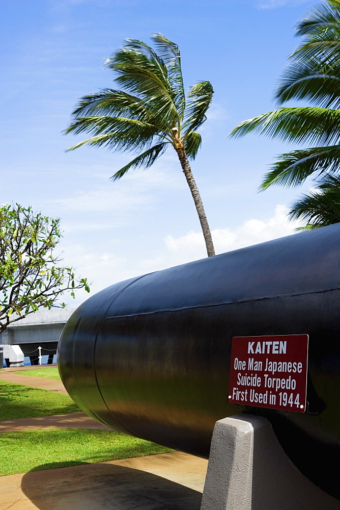 Torpedo sculpture in a park, Pearl Harbor, Honolulu, Oahu, Hawaii Islands, USA