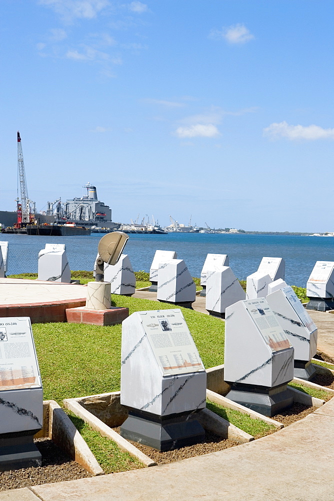 Stone monuments in a park, Pearl Harbor, Honolulu, Oahu, Hawaii Islands, USA