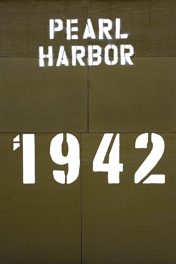 Close-up of a text and numbers written on a wall, Pearl Harbor, Honolulu, Oahu, Hawaii Islands, USA