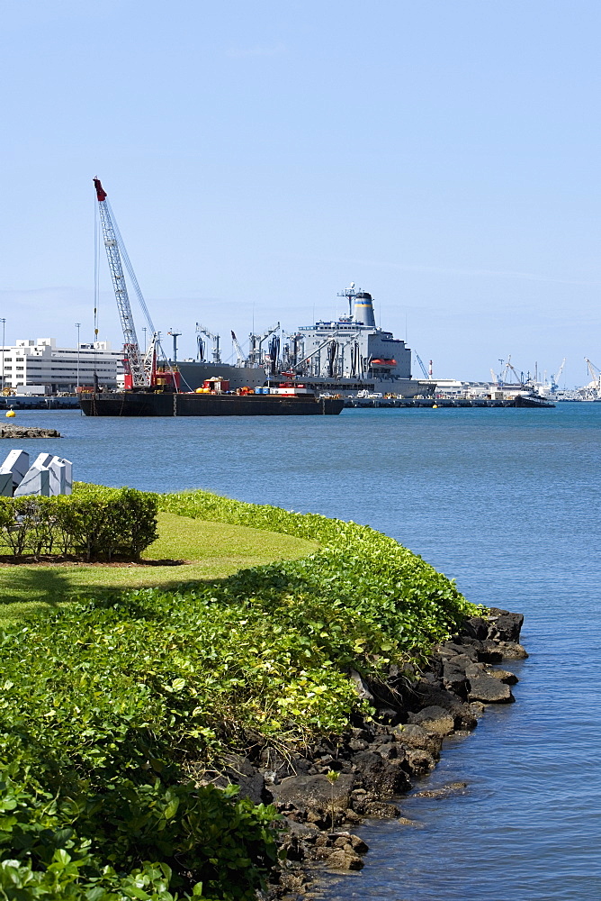 Military ship and a crane at a commercial dock, Pearl Harbor, Honolulu, Oahu, Hawaii Islands, USA