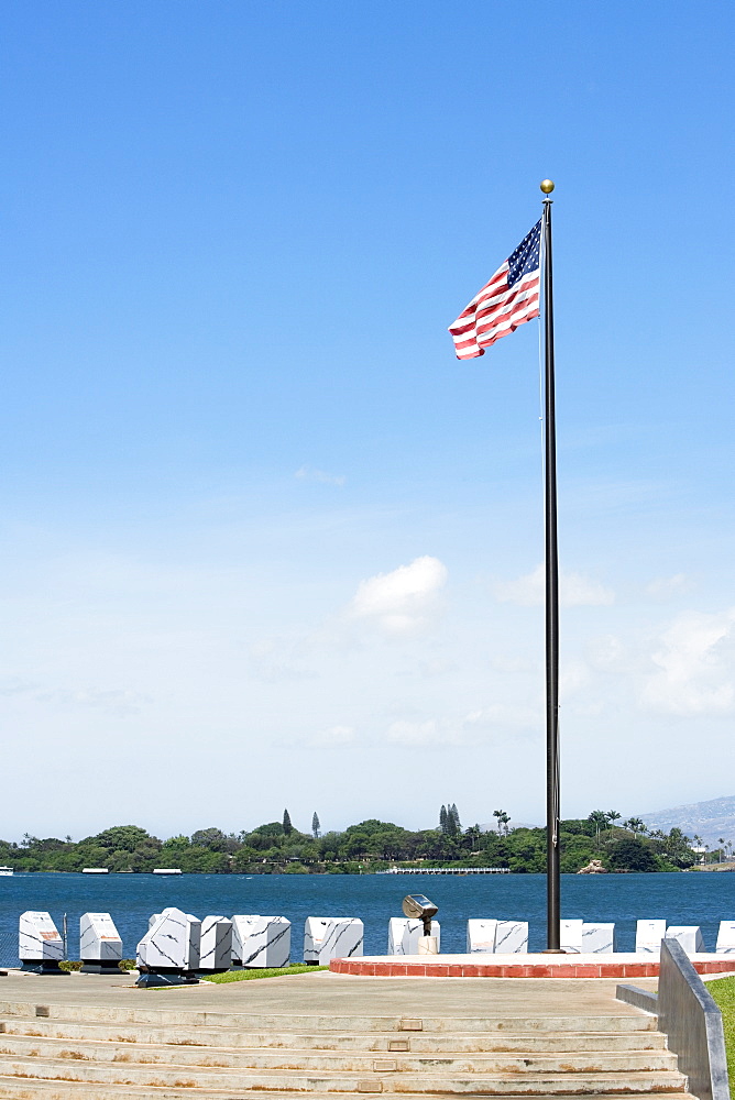 American flag fluttering at the seaside, Pearl Harbor, Honolulu, Oahu, Hawaii Islands, USA