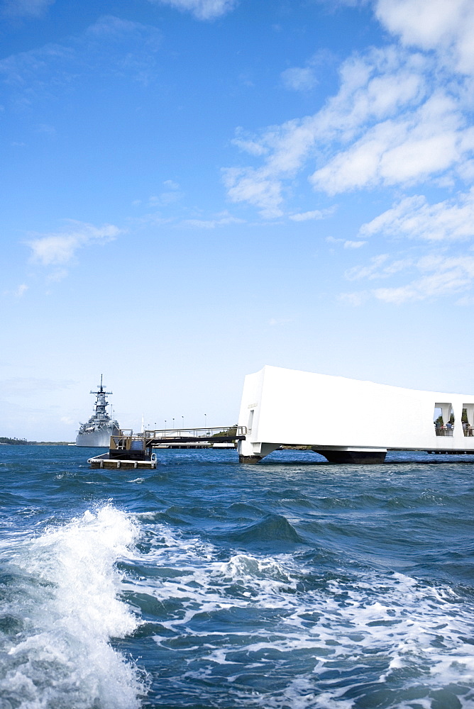 Memorial building in the sea, USS Arizona Memorial, Pearl Harbor, Honolulu, Oahu, Hawaii Islands, USA