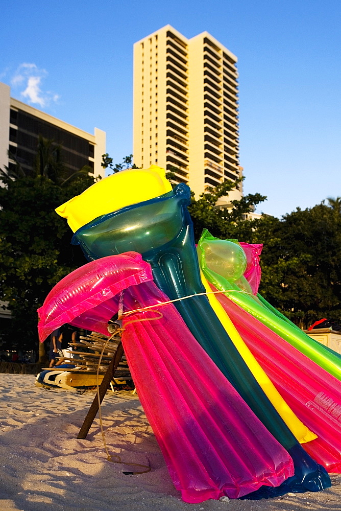 Pool rafts on the beach, Waikiki Beach, Honolulu, Oahu, Hawaii Islands, USA