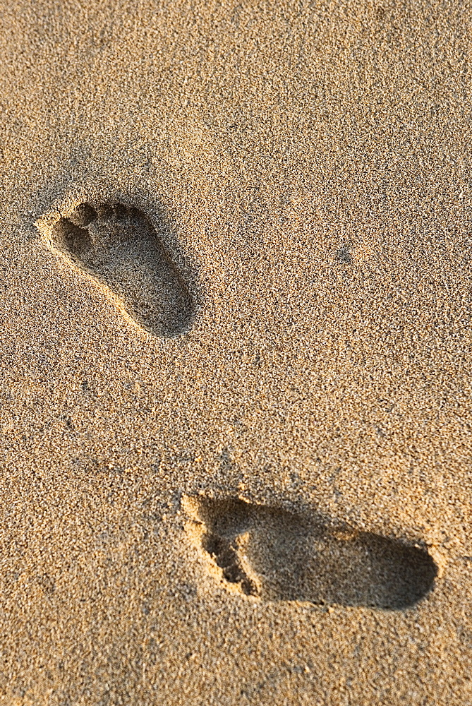 High angle view of footprints on sand, Waikiki Beach, Honolulu, Oahu, Hawaii Islands, USA