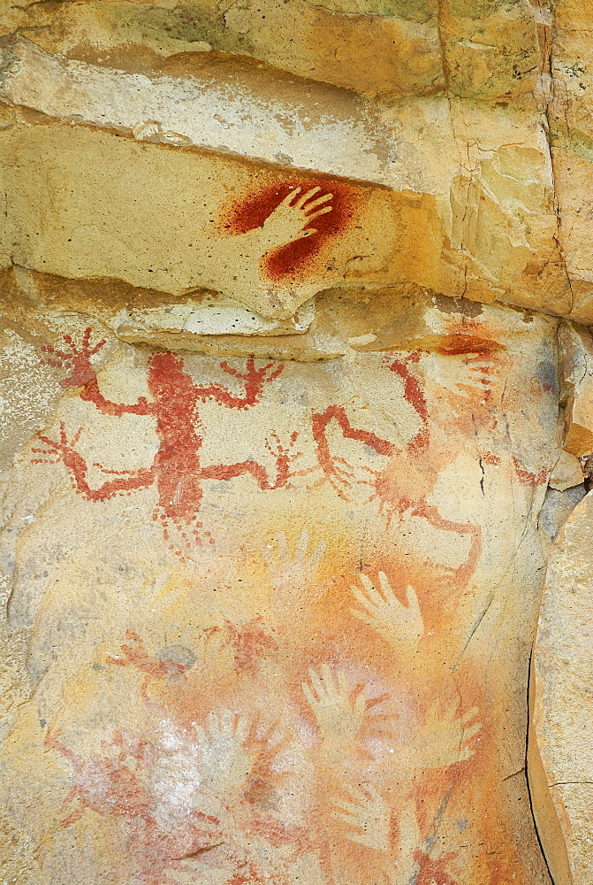 Hand signs on a rock, Cave of the Hands, Pinturas River, Patagonia, Argentina