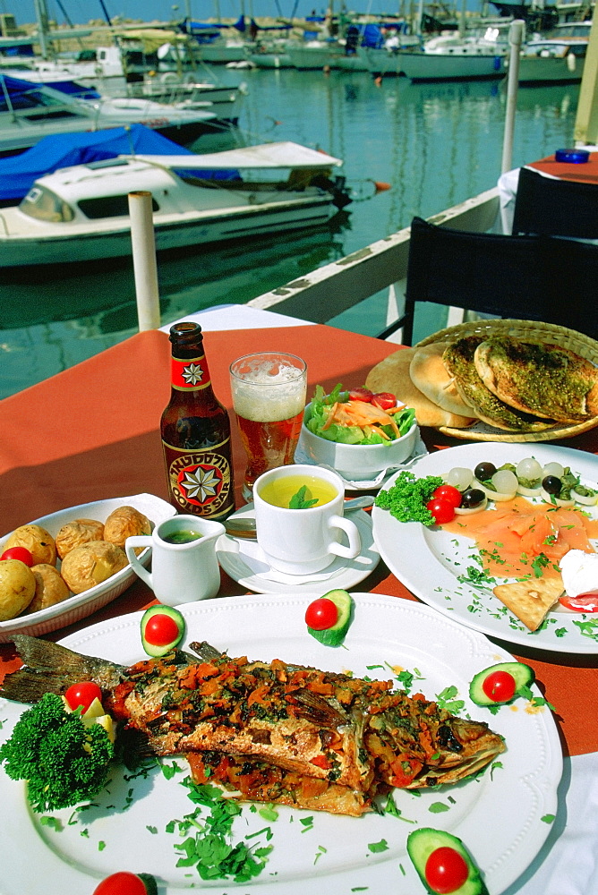 Close-up of a meal on a table at the harbor, Jeff, Tel Aviv, Israel